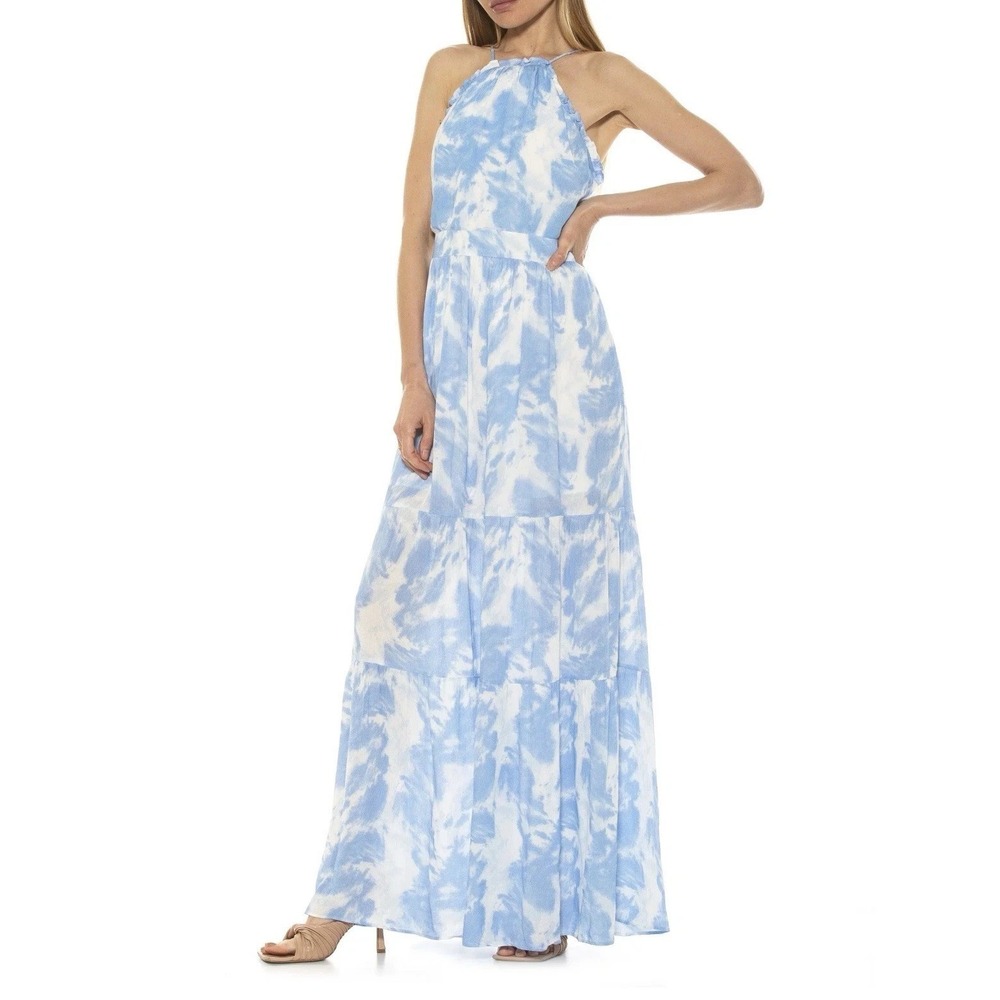 Alexia Admor Blue Tie Dye Kira Ruffled Halter Neck Maxi Dress Size 8